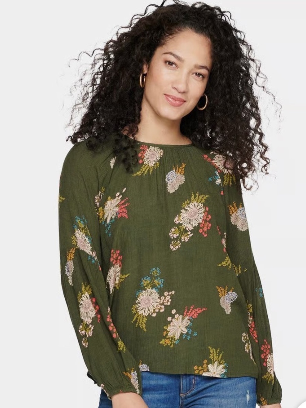 Sonoma women Olive green sunflower floral elastic cuff long sleeve top BlouseXXL